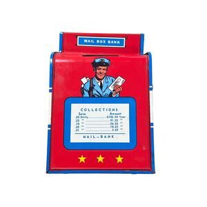Vintage Toy 5 3/4" High Ohio Art Tin Metal Mail Box Airmail Speed Letter Bank w